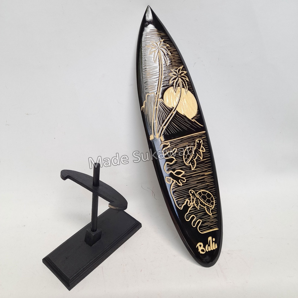 Hiasan meja pajangan miniatur papan surfing bali 40cm warna hitam ukir