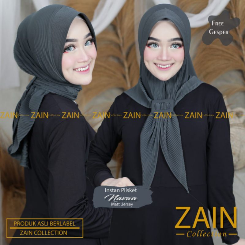 Jilbab Instan Plisket Nazwa Free Belt Ori Zain Collection-Abu Tua