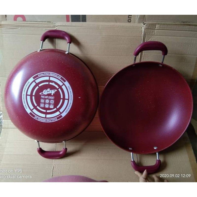 Wajan warna GSF uk 34 32 enamel marble GSF biru dan merah G2232 (32cm) G2234 (34cm) anti lengket