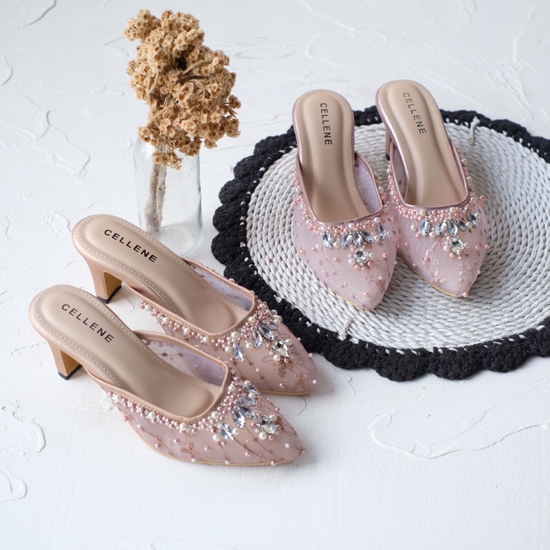 𝗖𝗘𝗟𝗟𝗘𝗡𝗘 Safir Beads Heels 3 color / Wedding shoes 7cm payet selop sepatu pernikahan 3warna