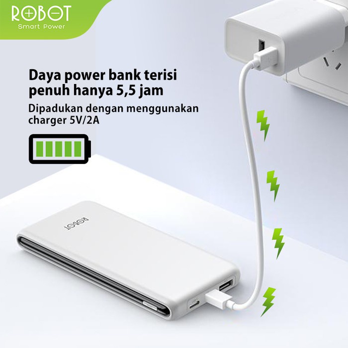 ✅RESMI - POWERBANK ROBOT 10000mah / PB ROBOT RT180 2.1A Dual Input Port Type C &amp; Micro USB Original Fast Charging Real Capacity - Garansi Resmi 1 Tahun