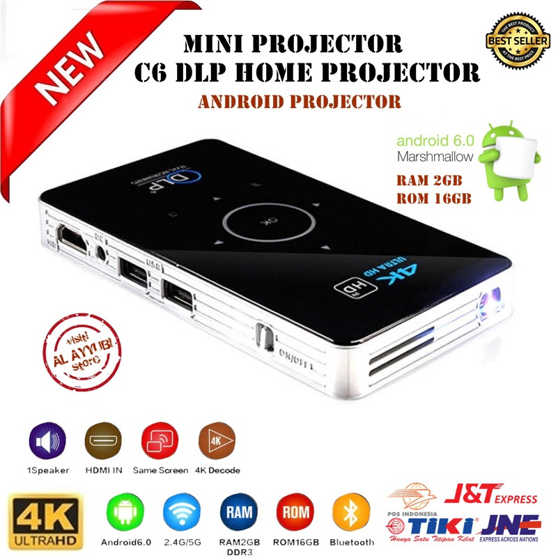 Proyektor Mini Smart Android C6 DLP Projector 4K 4100 MAH Infocus Portable Home Theater