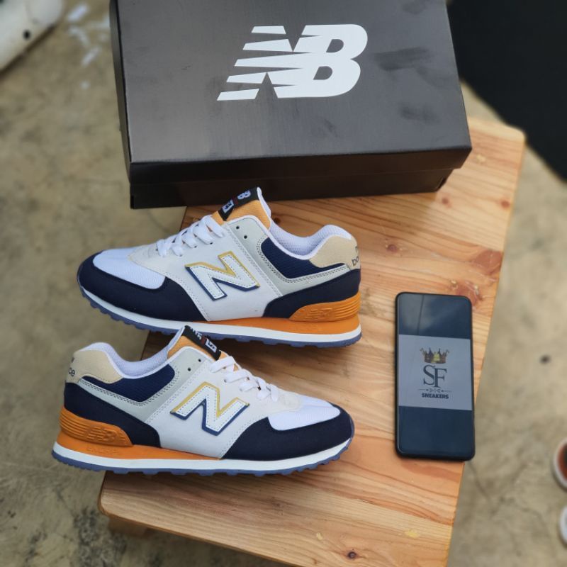 Sepatu Sneakers B4L4NC3 Encap 574 Made In Vietnam High Quality-White Navy Brown