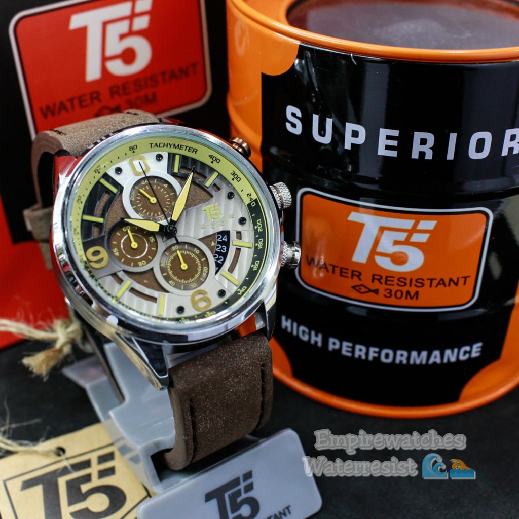 Jam Tangan T5 H3656 3656 H3656G Pria Cowok Analog Chrono dan Tanggal Aktif Strap Leather Original Wa