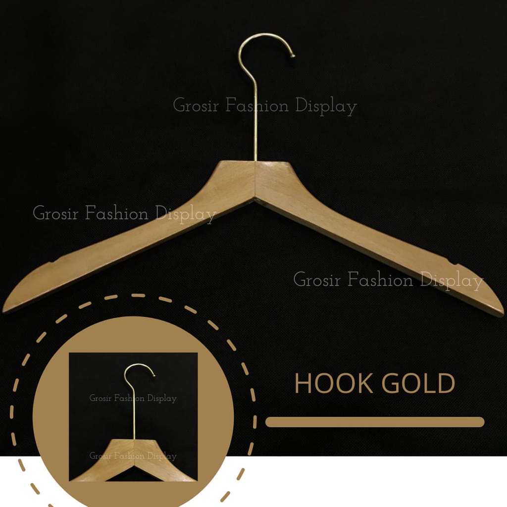 Hanger Kayu Hook Gold Hanger Korea Hanger Premium Gantungan Baju Distro Hook Emas Bisa Costum Grafir Logo Hanger- BH