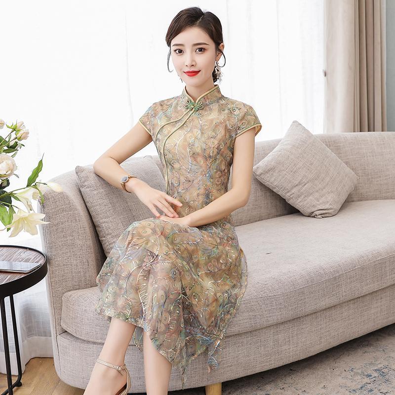 Summer new fashion printing waist closing mother's middle and long cheongsam modified dress