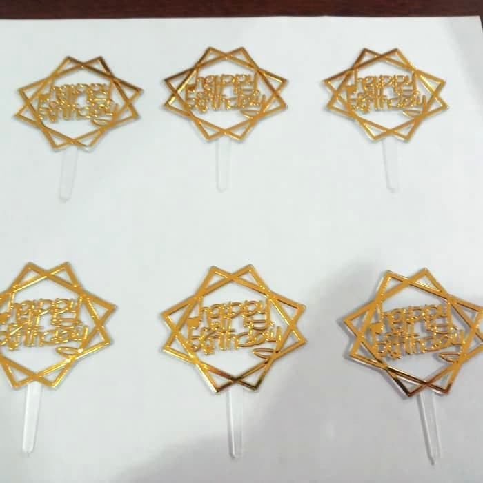 Tusukan Kue Ultah Motif Kotak Persegi Happy Birthday Topper Cake Cute Gold Mini Harga Satuan