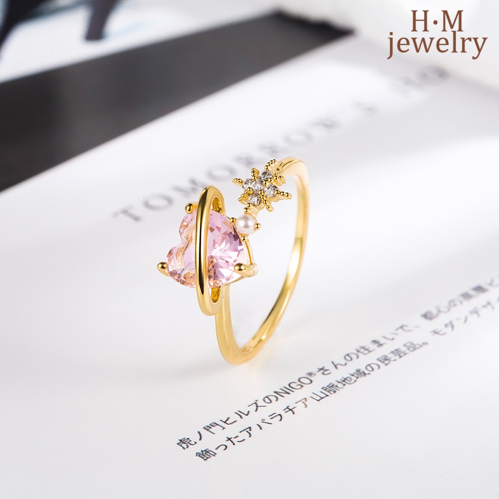 Cincin Model Terbuka Desain Hati Hias Zircon AAA Warna Pink Untuk Wanita