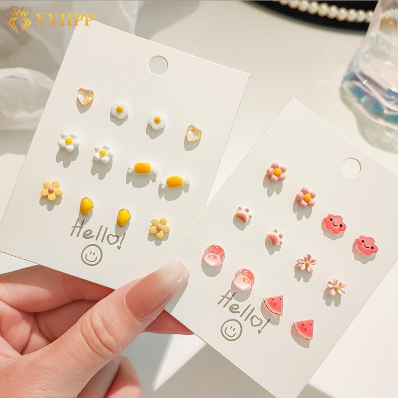 6 Pasang / set Anting Stud Desain Hati Bunga Kupu-Kupu Semangka Cakar Kucing Warna-Warni Untuk Wanita