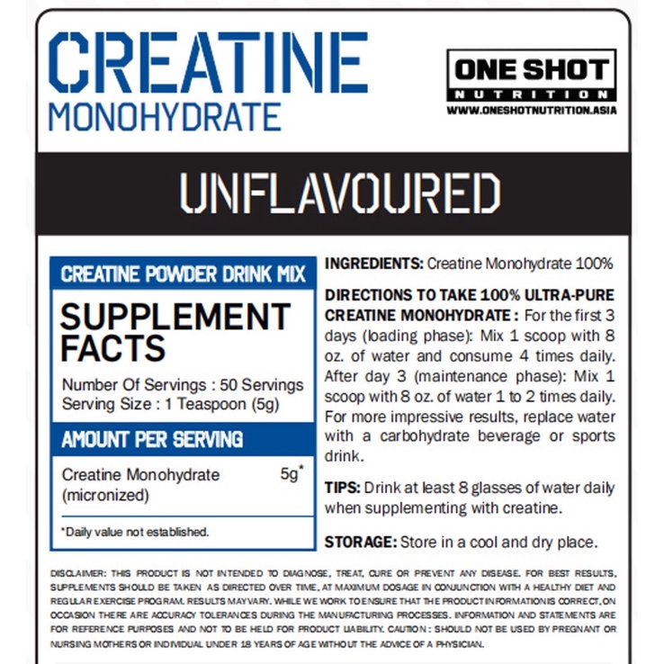 One Shot Creatine Monohydrate PURE GRADE  Creatine 100% 250 gr 50 serv Powder Unflavored