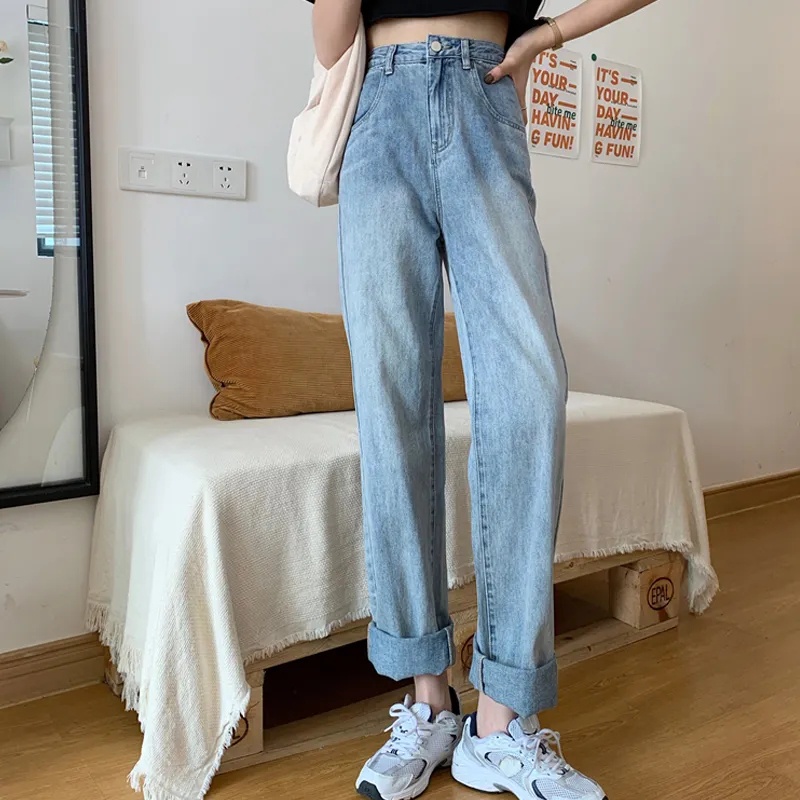 New Korean retro high-waisted loose jeans straight-legged wide-legged