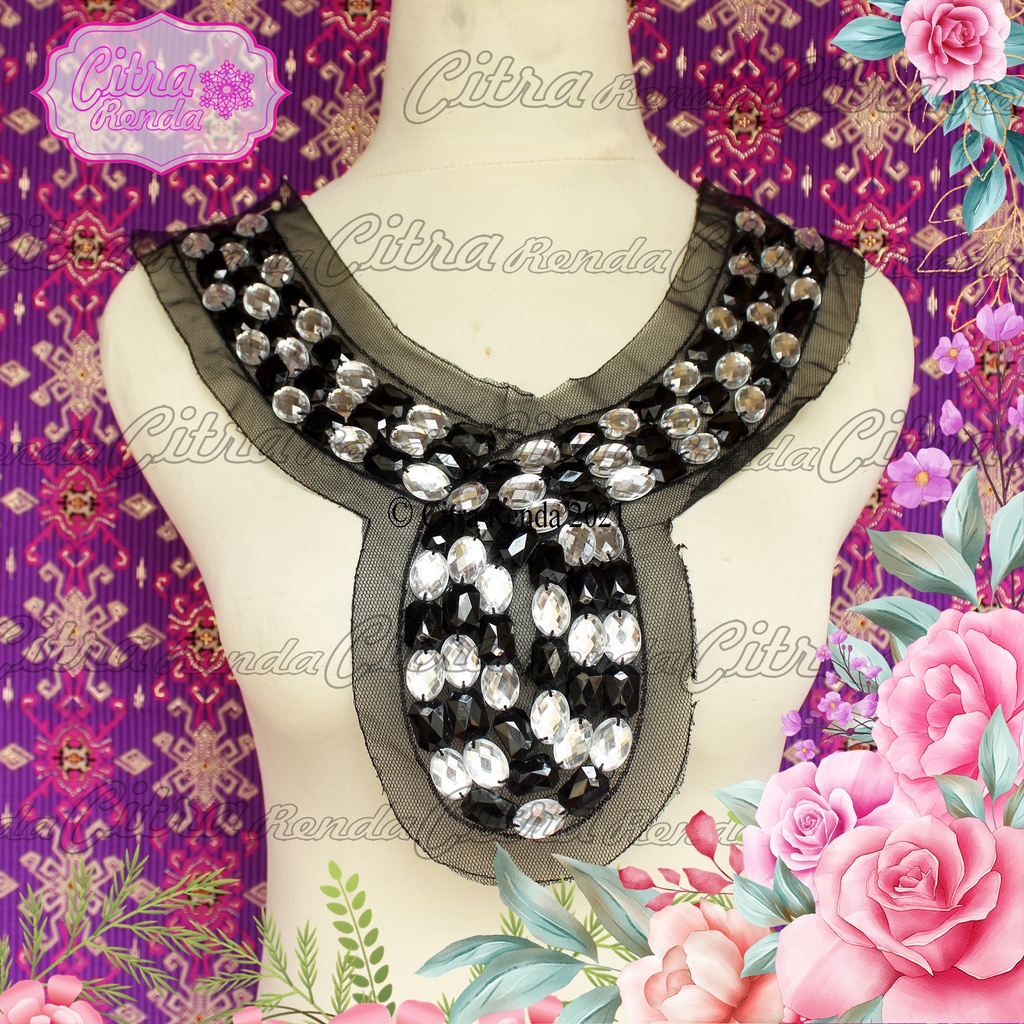 (Per Pcs) AP247 Aplikasi Leher / Kerah Tempel Kristal Manik-Manik Metalik