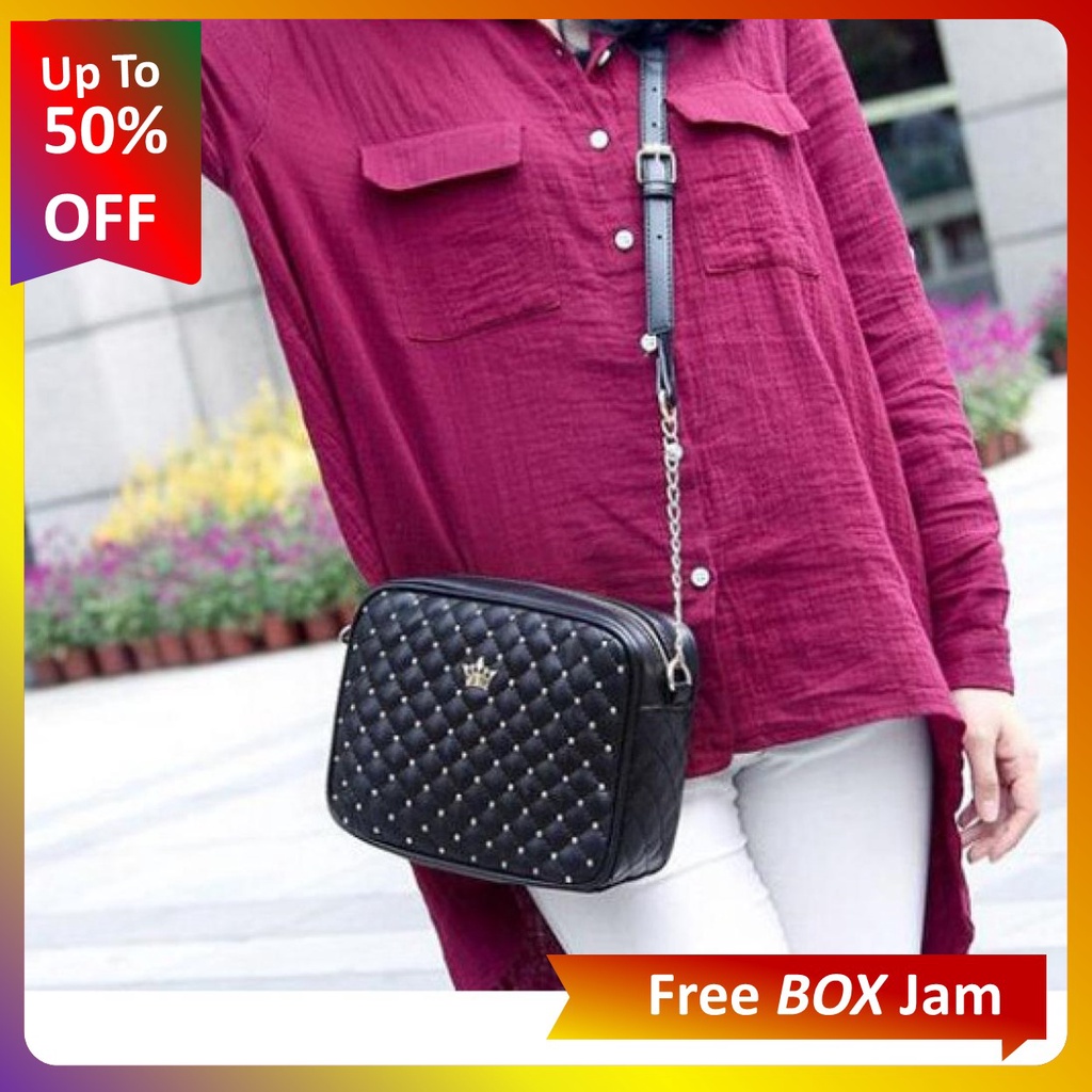 Jual Tas Selempang Hitam ModelTali Rantai Keemasan Trendy dan Stylist