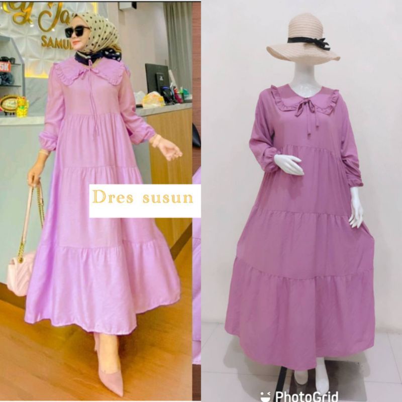 Dress Gamis Dres Polos Midi Susun Rayon Premium Import Kerah Tali Rempel Kualitas Best Seller Motif 2022 Terbaru Sekarang Warna Cerah LD 110 cm-4