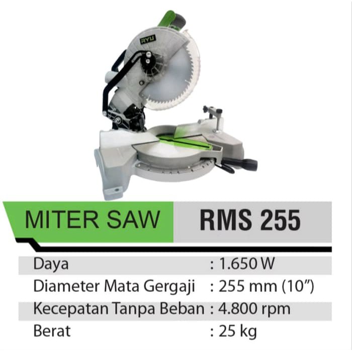 Mesin pemotong aluminium 10" RYU Miter saw RMS 255 RYU POWERTOOLS