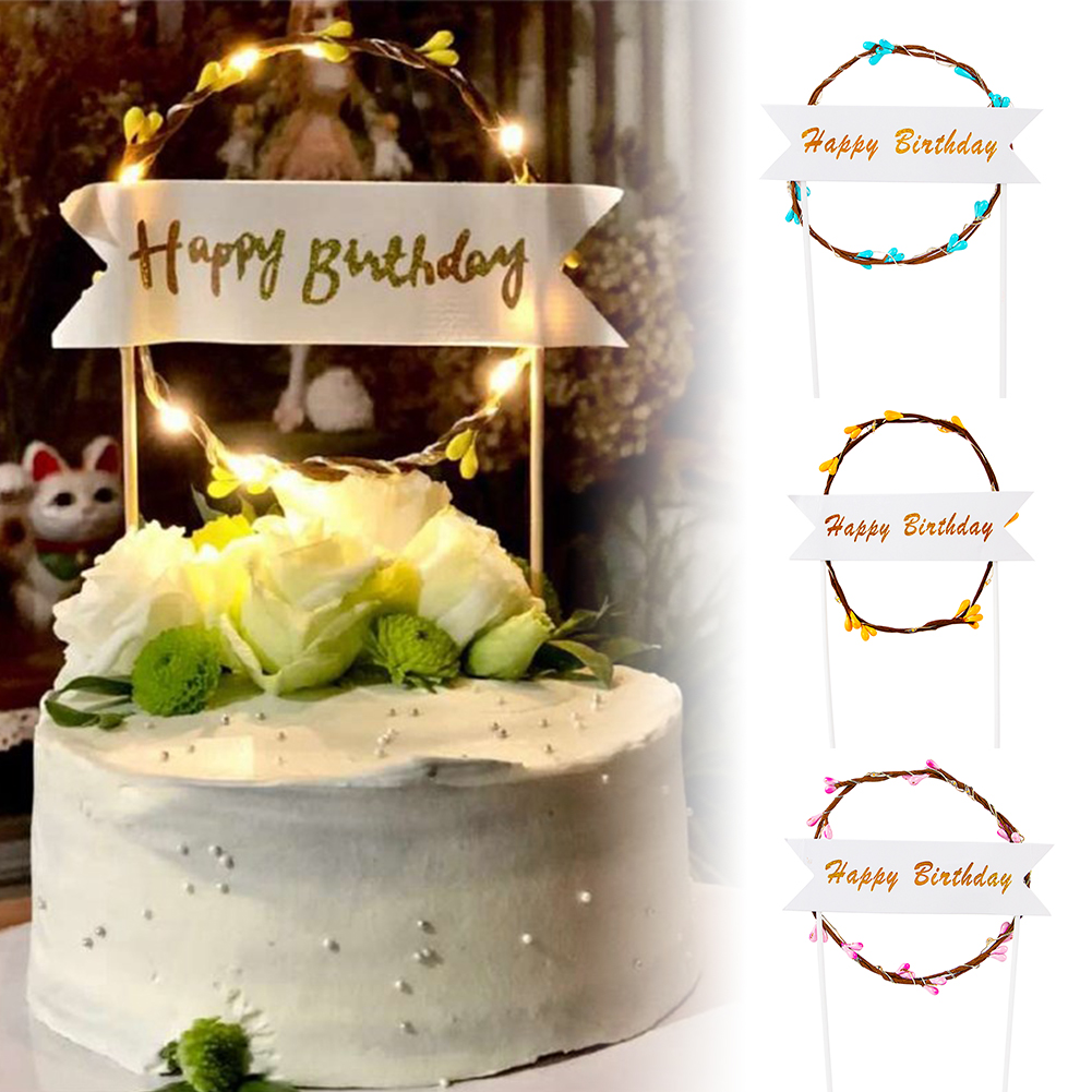 (Tk) Topper Kue Ulang Tahun Desain Tulisan Happy Birthday Dengan Lampu Led