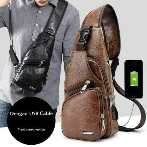 Promo!! Tas Selempang Pria Kulit Sling Bag kulit USB Port Tas Selempang Bahu Fashion Pria