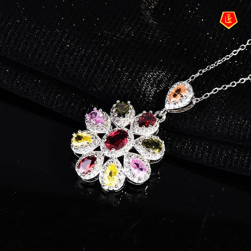 [Ready Stock]Luxury Colorful Tourmaline Pendant Micro-Inlaid Full Diamond Necklace Elegant