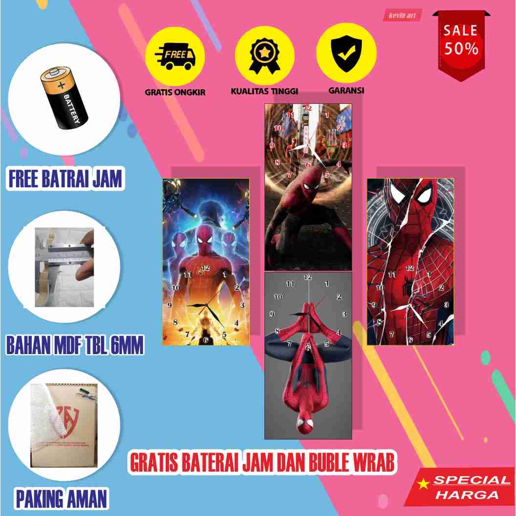 JAM DINDING KAYU MINIMALIS MODERN UNIK KARAKTER SPIDER-MAN SUPER HERO KARAKTER ANIME LUCU TERBARU MURAH KEREN