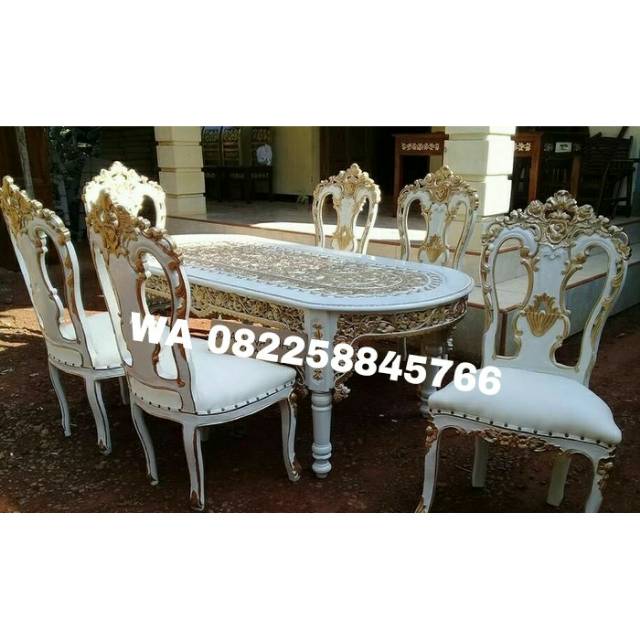 Meja Kursi Makan Mewah Ukir Kayu Jati, Meja Kursi Makan Warna Putih Duco Kayu Jati Ukir