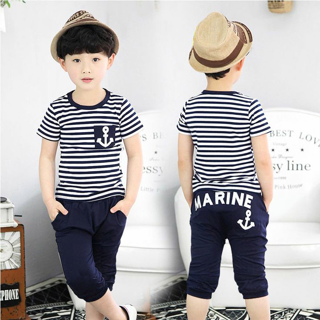 Setelan Anak Laki Laki Celana Joger 3/4 Bahan Babyterry Atasan Salur Katun Spandex Gambar Bordir Usia 1 Tahun Sampai 12 Tahun