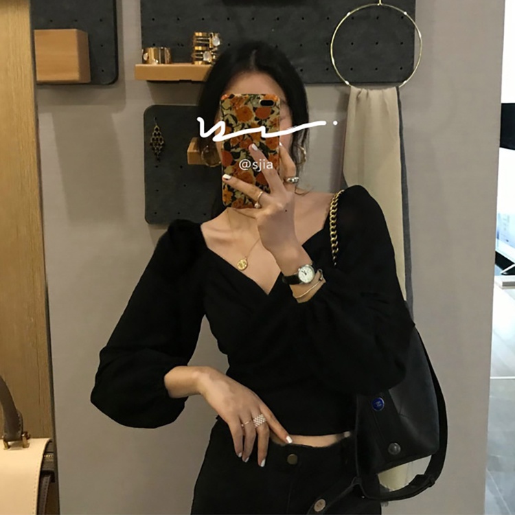 kemeja beludru wanita lengan panjang hitam Korean retro style Crop blouse Shirt