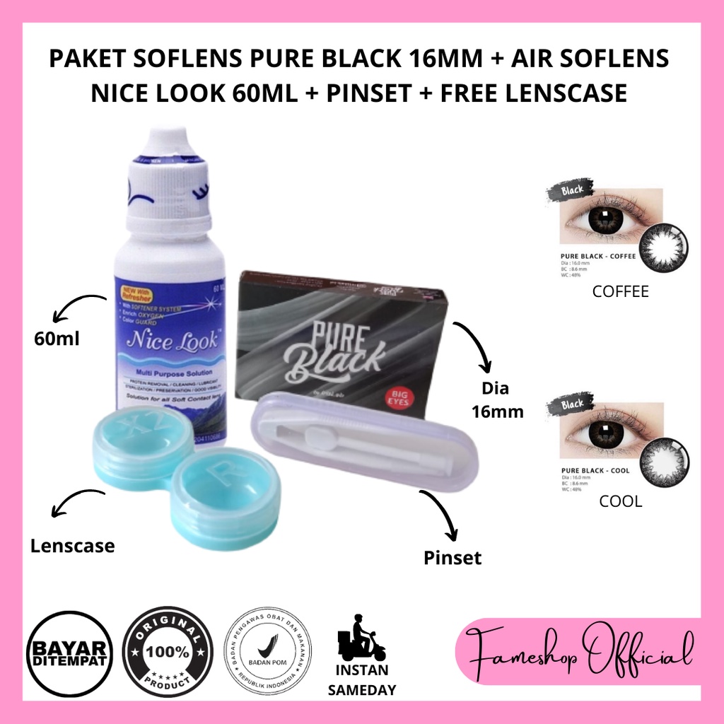 PAKET SOFTLENS PURE BLACK DIA 16MM NORMAL DAN MINUS + CAIRAN NICE LOOK 60ML + PINSET + LENSCASE / COD INSTAN SAMEDAY / LENSA KONTAK / PAKET MURAH