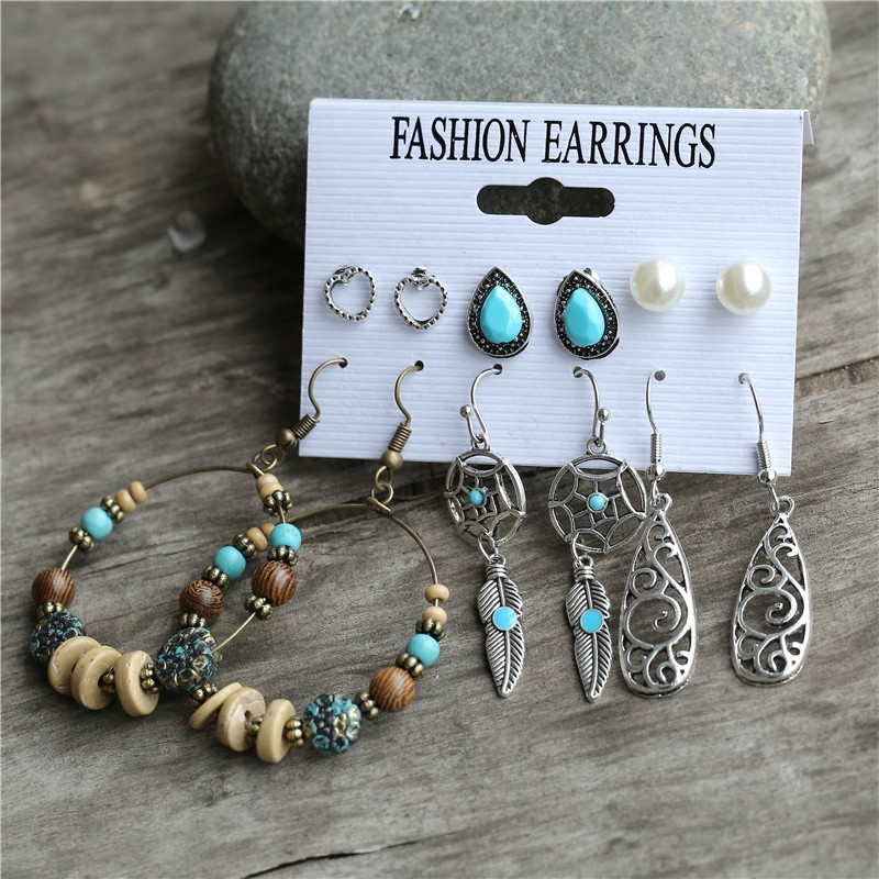 6Pairs/set Nation Acrylic Bead Pearl Earring Set Female Drop Earrings Retro Jewelry Accessories Gift