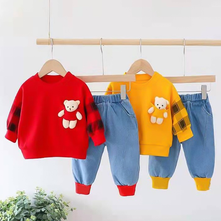 KF CAT Setelan Anak Laki Laki Import/ Setelan Sweater Lengan Panjang Pocket Bear + Jean Panjang Model Jogger Gaya kasual  Untuk Usia 1-4 Tahun