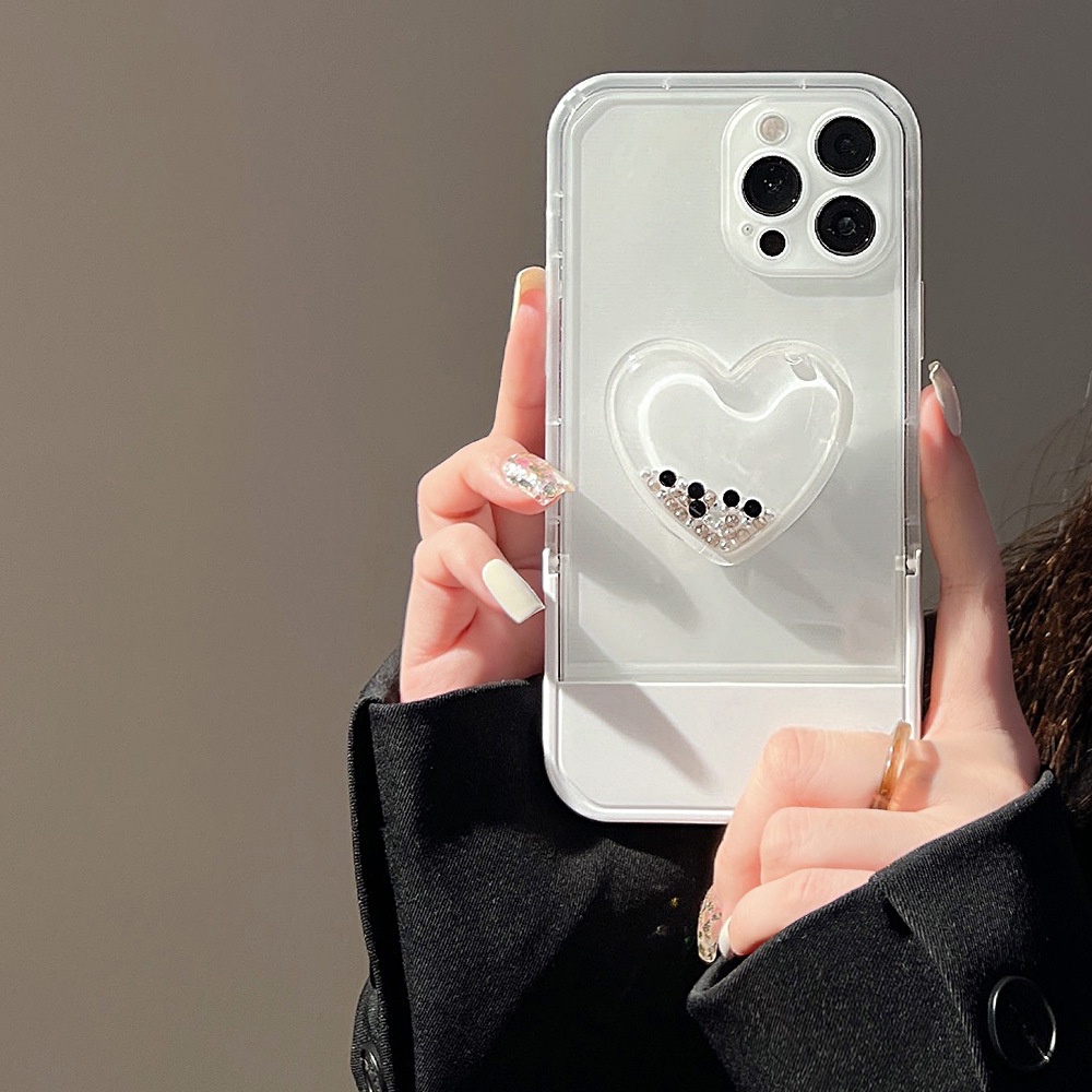 Case Pelindung Warna Hitam Transparan Dengan Holder Hati Untuk Iphone 11 8 7 Plus SE2 XS XR 12 13 PRO MAX