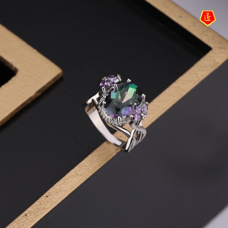 [Ready Stock]Inlaid Colorful Moissanite Ring 925 Silver Fashion Temperament