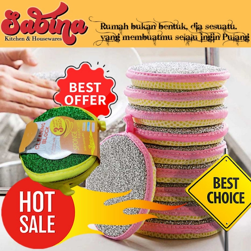 Spons Cuci Piring Pembersih Dapur Double Sides Cleaning Sponge 3PCS