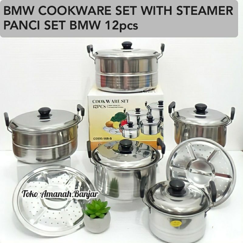 [12in1] Panci Set Merk BMW 12pcs | Cookware Set BMW | Panci Steamer Set | Panci Stainless | Panci Wa