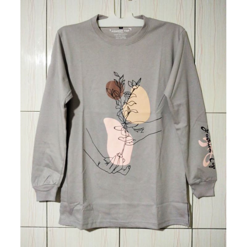 Kaos Wanita Lengan Panjang Fashion Top Original Abu Abu Bunga Muda