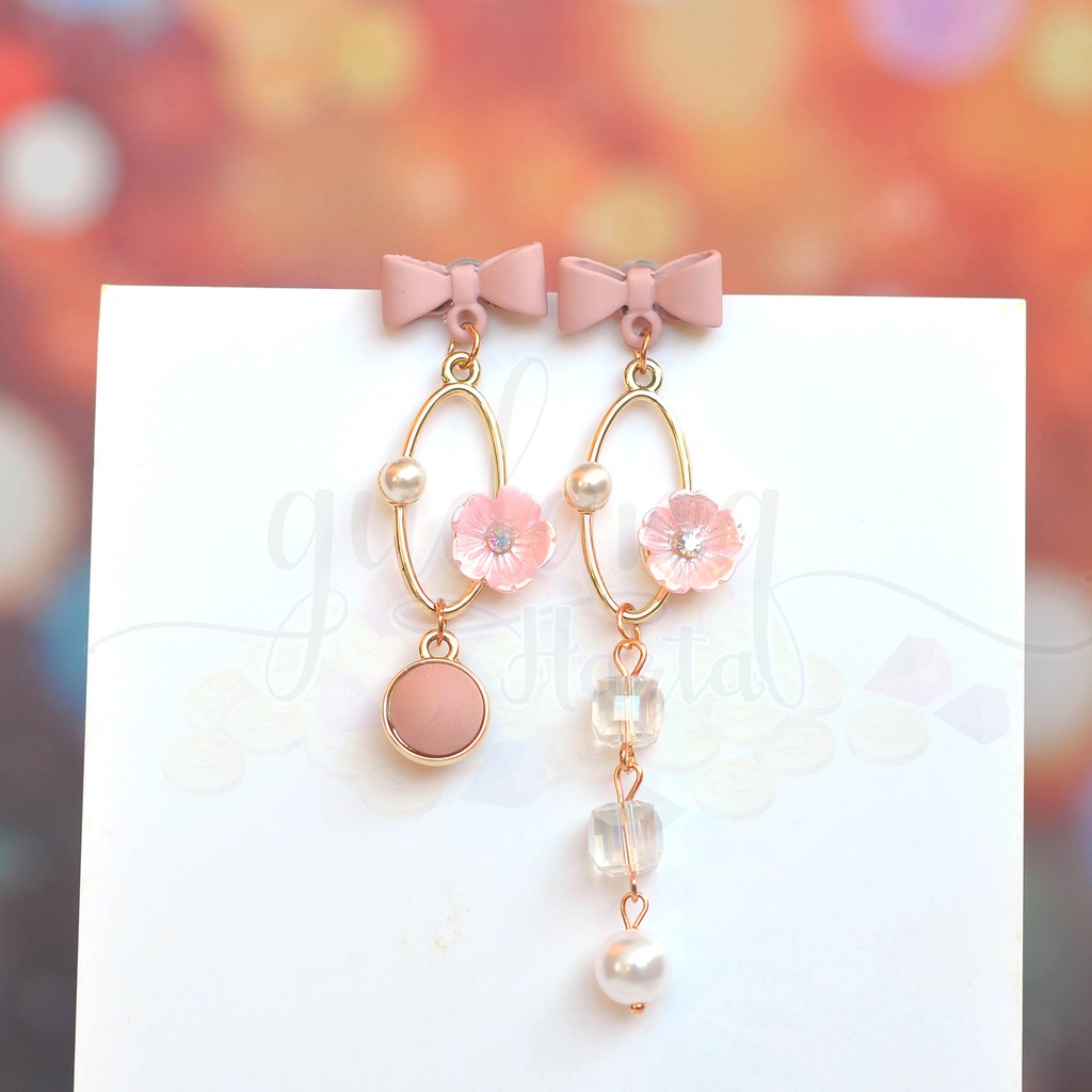 Anting Stud Korea Simple Pink Flower Ribbon and Pearl Mutiara GH 203628