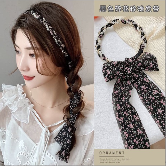 Bando Tali mutiara Korea Bandana Korea Wanita / Headband Tali Ikat Pita Motif Bunga Mutiara