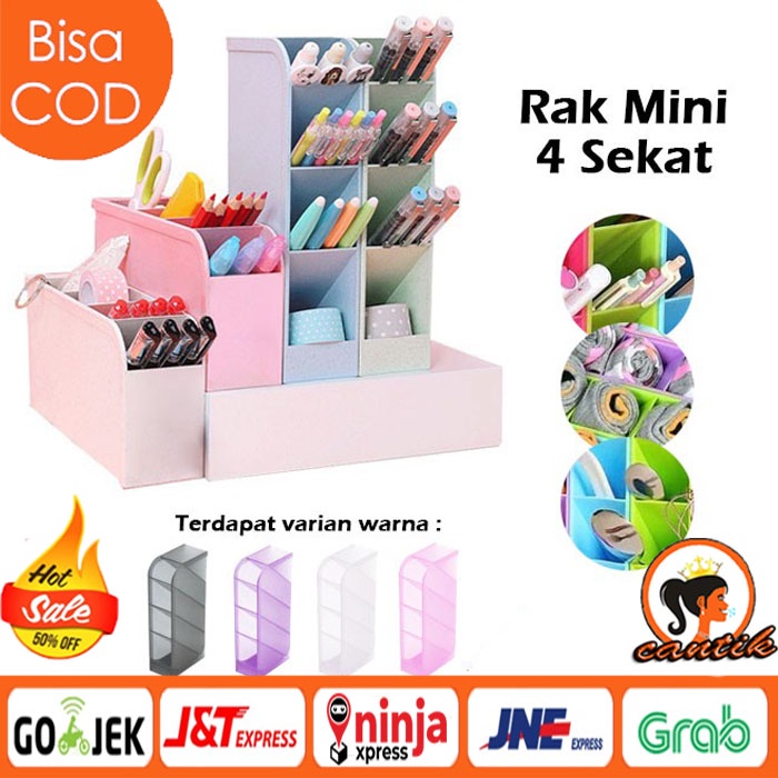 Rak Mini 4 Sekat / Rak Laci Plastik 4 Slot Pulpen Spidol / Desktop Drawer / Rak Mini 4 Sekat / Tempat Penyimpanan ATK Pena Pensil Pulpen Gunting Sendok / Kotak Organizer Tempat Alat Tulis Meja Kerja Belajar Remot AC TV Kipas Brush Make Up Kosmetik Dasi