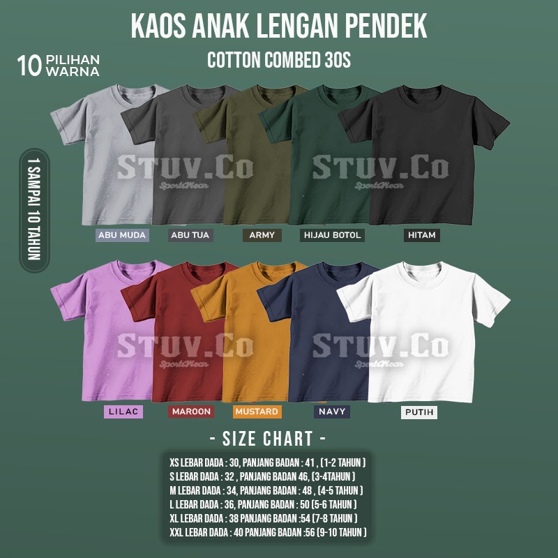 KAOS ANAK LENGAN PENDEK POLOS BAHAN COTTON COMBED 30s USIA 1 SAMPAI 10 TAHUN UNISEX