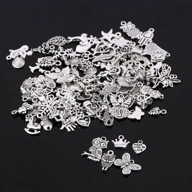 100 Pcs Liontin Manik-Manik Bahan Metal Warna Silver Gaya Tibet Handmade Untuk Membuat Perhiasan