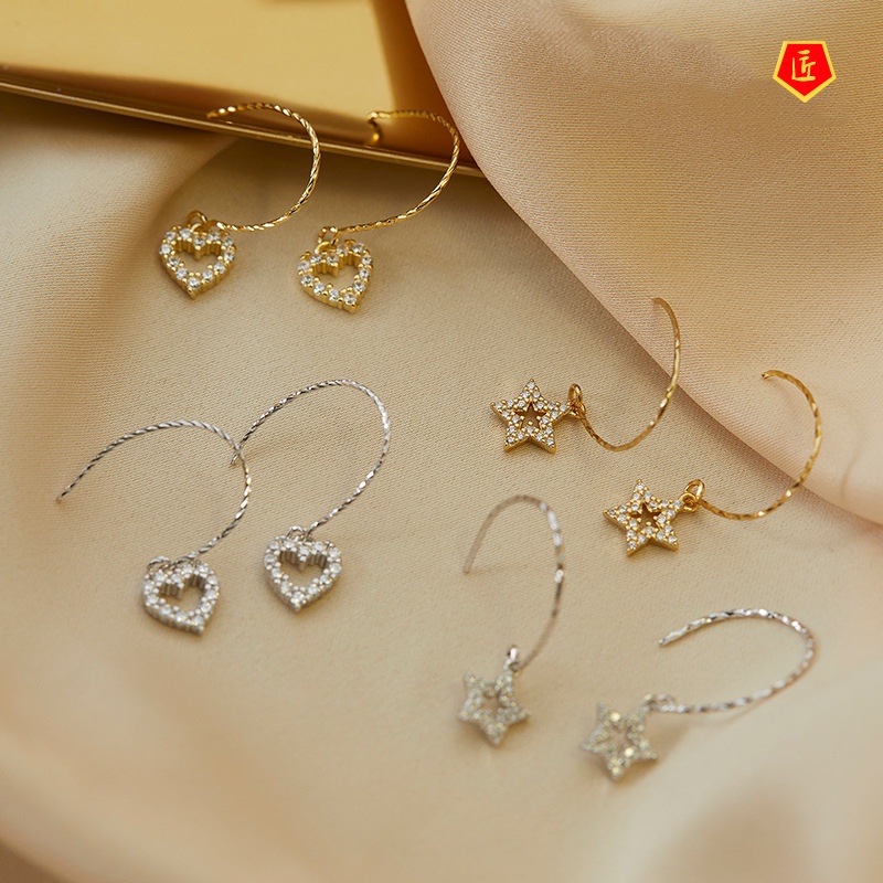 [Ready Stock]Temperamental Heart-Shaped Pentagram S925 Silver Short Earrings