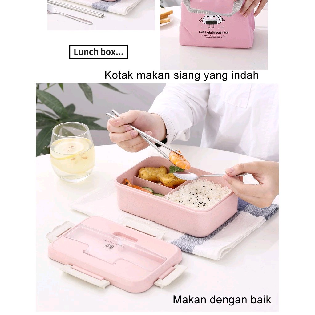 HanyaBeli Kotak Makan Siang Microwave Kotak Bekal Lunch Box Set Free Sendok Sumpit 1000ml