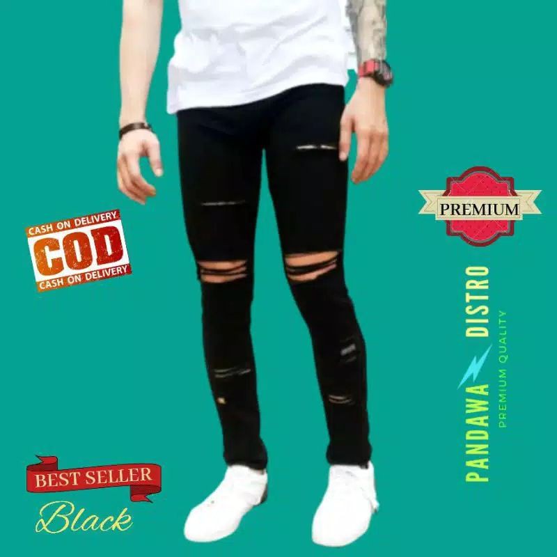 CELANA SOBEK PRIA RIPPED JEANS ROBEK SLIMFIT PENSIL SKINNY STRETCH DENIM HITAM PREMIUM 27-38