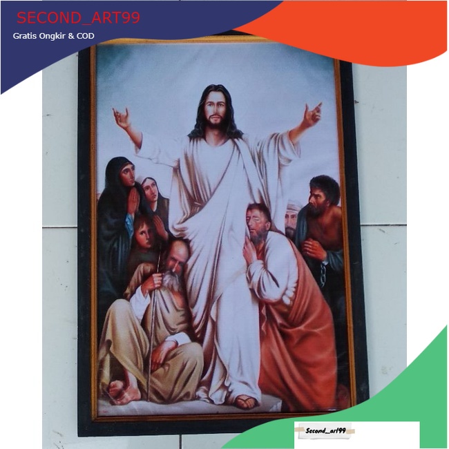 walldecor Hiasan dinding lukisan murah lukisan cetak dan bingkai gambar Tuhan Yesus Ukuran 65x45 (Bi