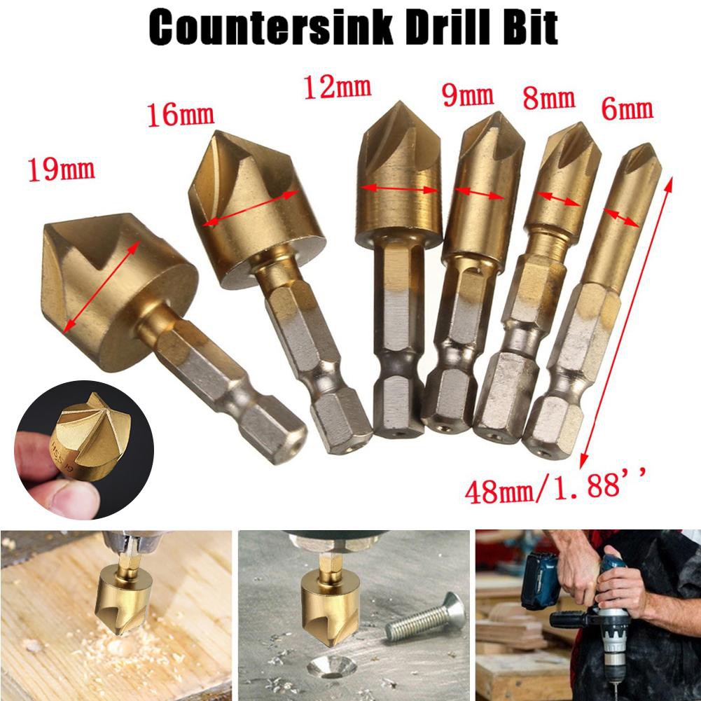 6pcs Chamfer Countersink Set Chamferring Tool Hexagonal Shank Titanium Coated Five Flutes Countersink Drill Bit