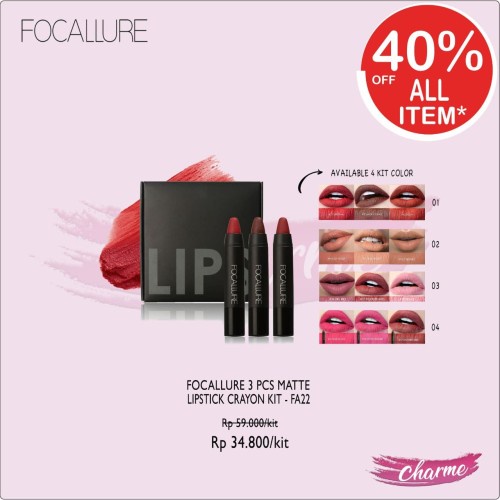 (READY&amp;ORI) Focallure 3 Pcs Matte Lipstick Crayon Kit FA22 FA 22 Paket Ombrer Viral Lip Matten Satin Tahan Lama Waterproof