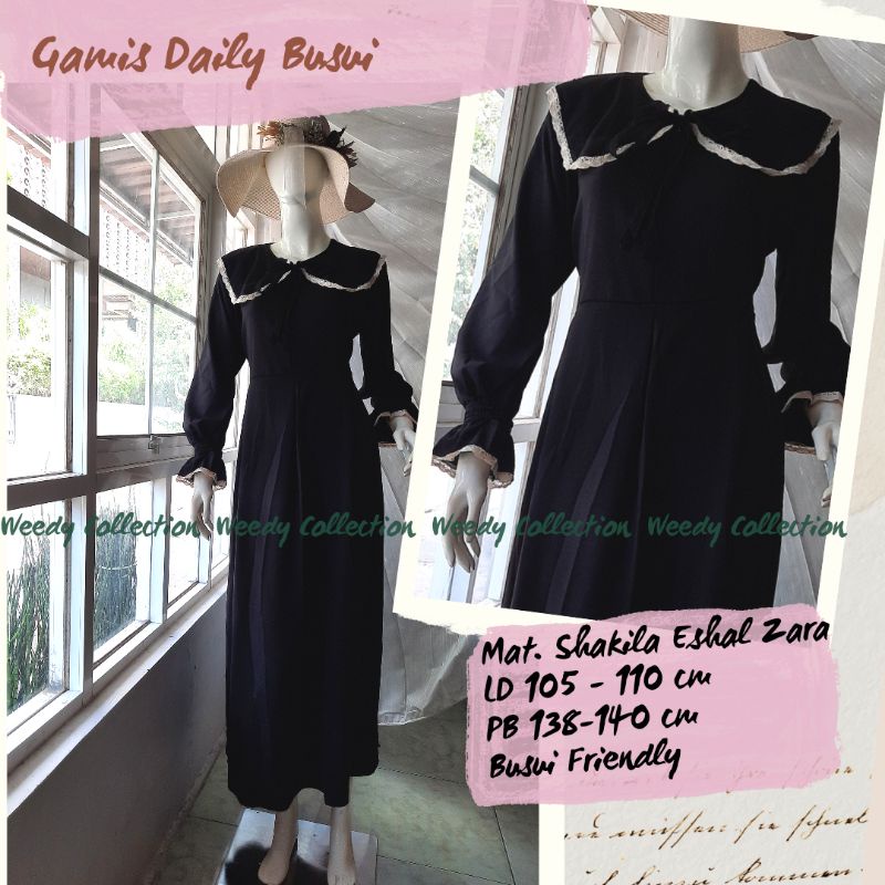 Gamis hitam Daily Shakila syaqila eshal zara kerah korea premium busui vintage chic simple