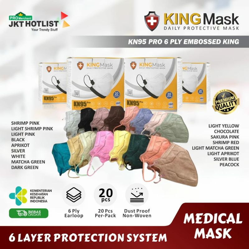MASKER KN95 PRO KINGMASK 6PLY 20PCS KN 95 PRO 5D DESIGN DEWASA EMBOSS KEMENKES ISO - JUAL MASKER HAR