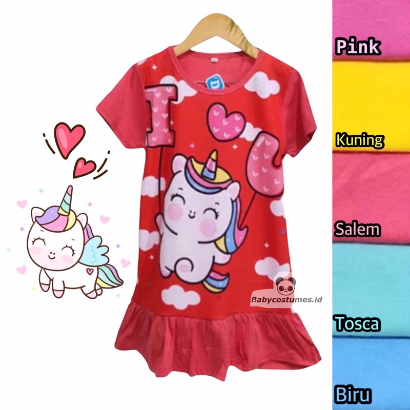 BEST MEGA SALE COCO DRESS DASTER PRINTING DA DEDINA MOTIF UNICORN KARTUN LUCU 2-10 TAHUN