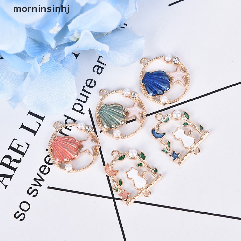 Mornin 10pcs / Set Liontin Enamel Bentuk Bintang Laut / Kerang / Mutiara Untuk Diy Craft / Perhiasan