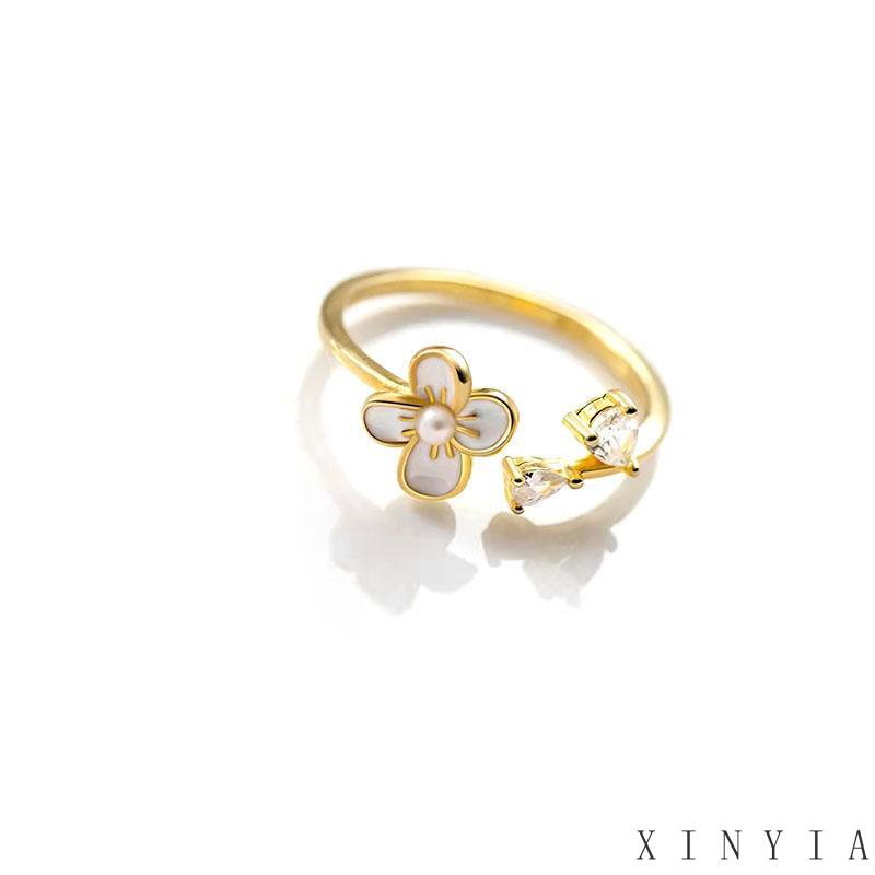 【COD】Cincin Model Terbuka Desain Bunga Hias Mutiara + Zircon Adjustable Untuk Wanita Bunga Gaya Simple Untuk Wanita